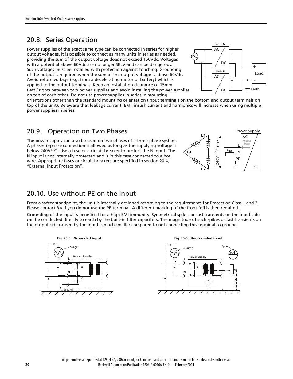 Series operation, Operation on two phases, Use without pe on the input | Rockwell Automation 1606-XLP60BQT Power Supply Reference Manual User Manual | Page 20 / 24