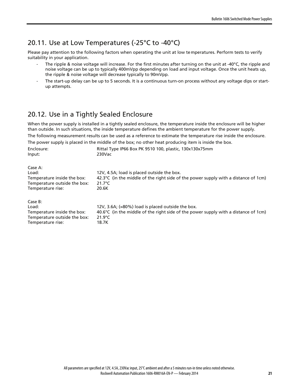 Use at low temperatures (-25°c to -40°c), Use in a tightly sealed enclosure | Rockwell Automation 1606-XLP60BQT Power Supply Reference Manual User Manual | Page 21 / 24