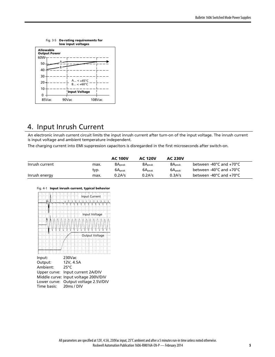 Input inrush current | Rockwell Automation 1606-XLP60BQT Power Supply Reference Manual User Manual | Page 5 / 24