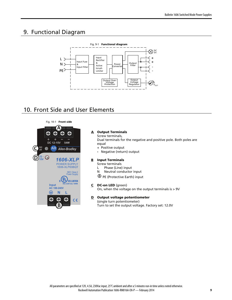 Functional diagram, Front side and user elements | Rockwell Automation 1606-XLP60BQT Power Supply Reference Manual User Manual | Page 9 / 24