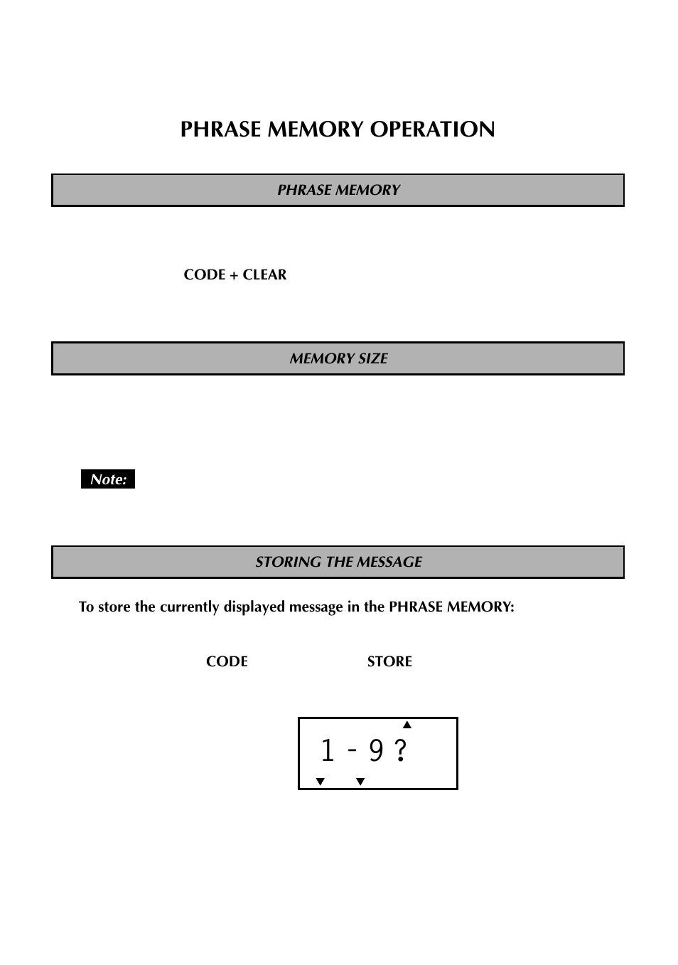 Phrase memory operation, Phrase memory, Memory size | Storing the message | Brother TZTAPE PT-300 User Manual | Page 44 / 82