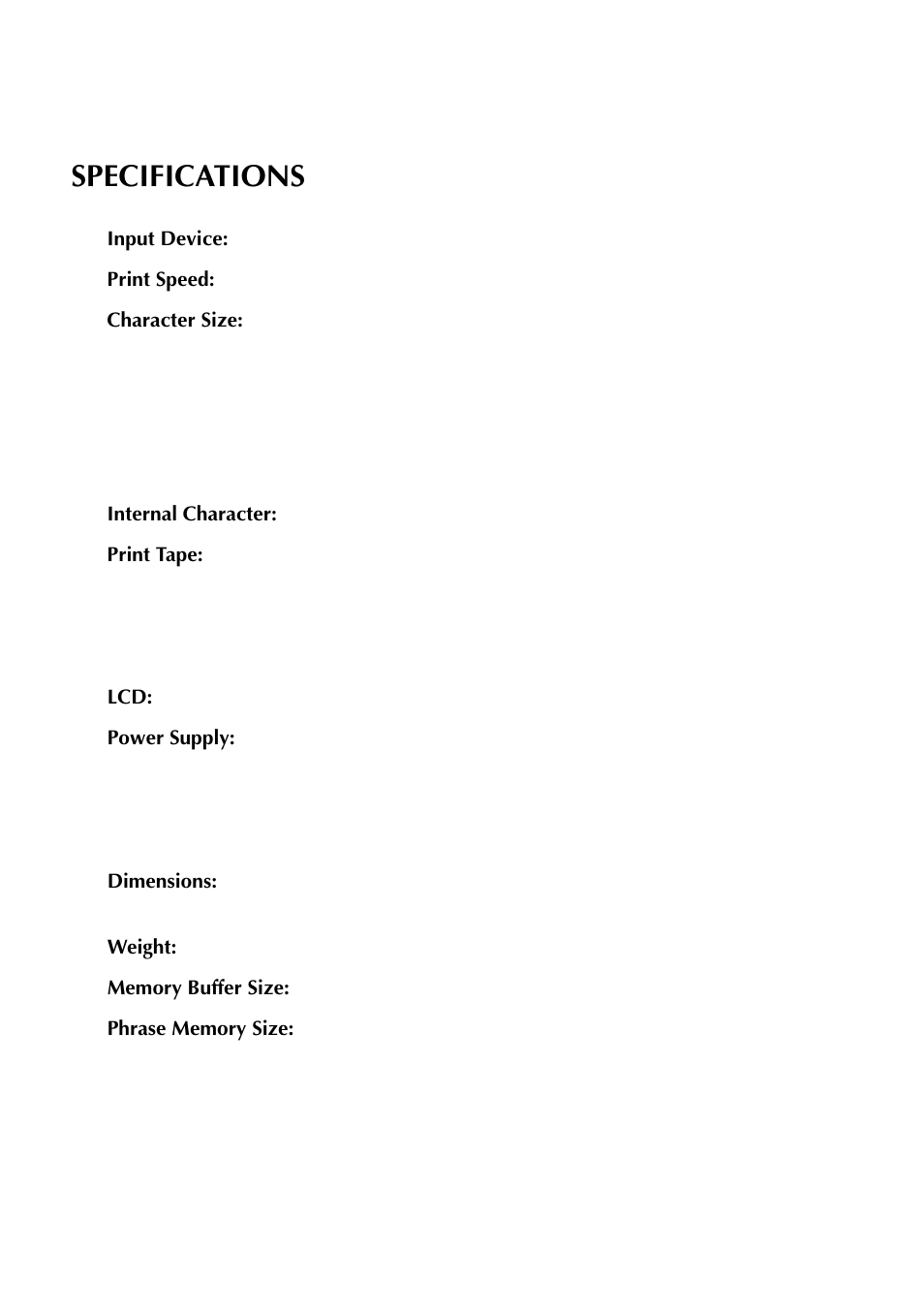 Specifications | Brother TZTAPE PT-300 User Manual | Page 52 / 82