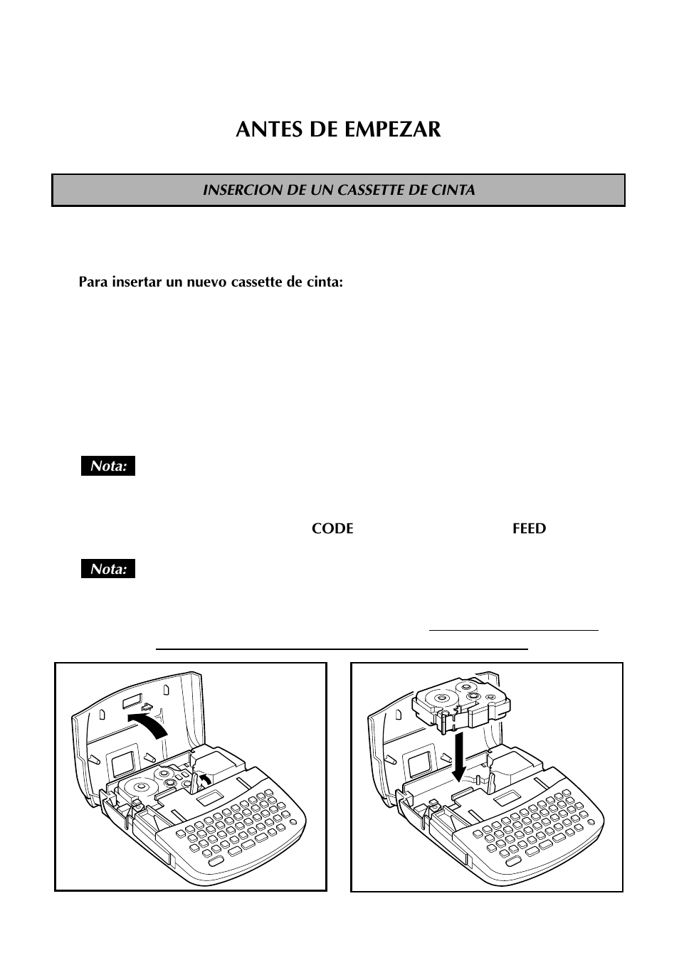 Antes de empezar, Insercion de un cassette de cinta | Brother TZTAPE PT-300 User Manual | Page 61 / 82