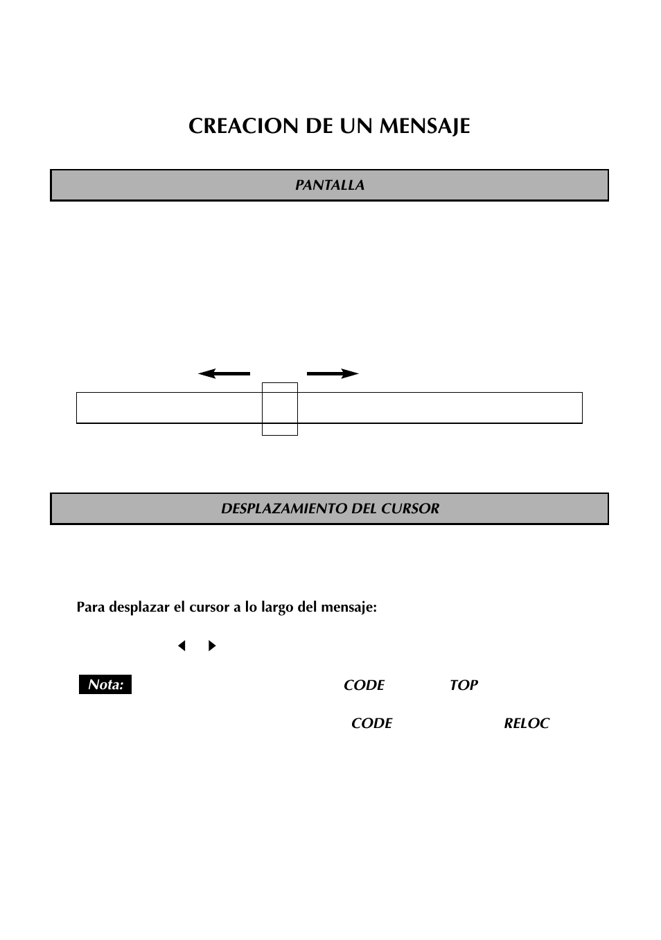 Creacion de un mensaje, Pantalla, Desplazamiento del cursor | Brother TZTAPE PT-300 User Manual | Page 65 / 82