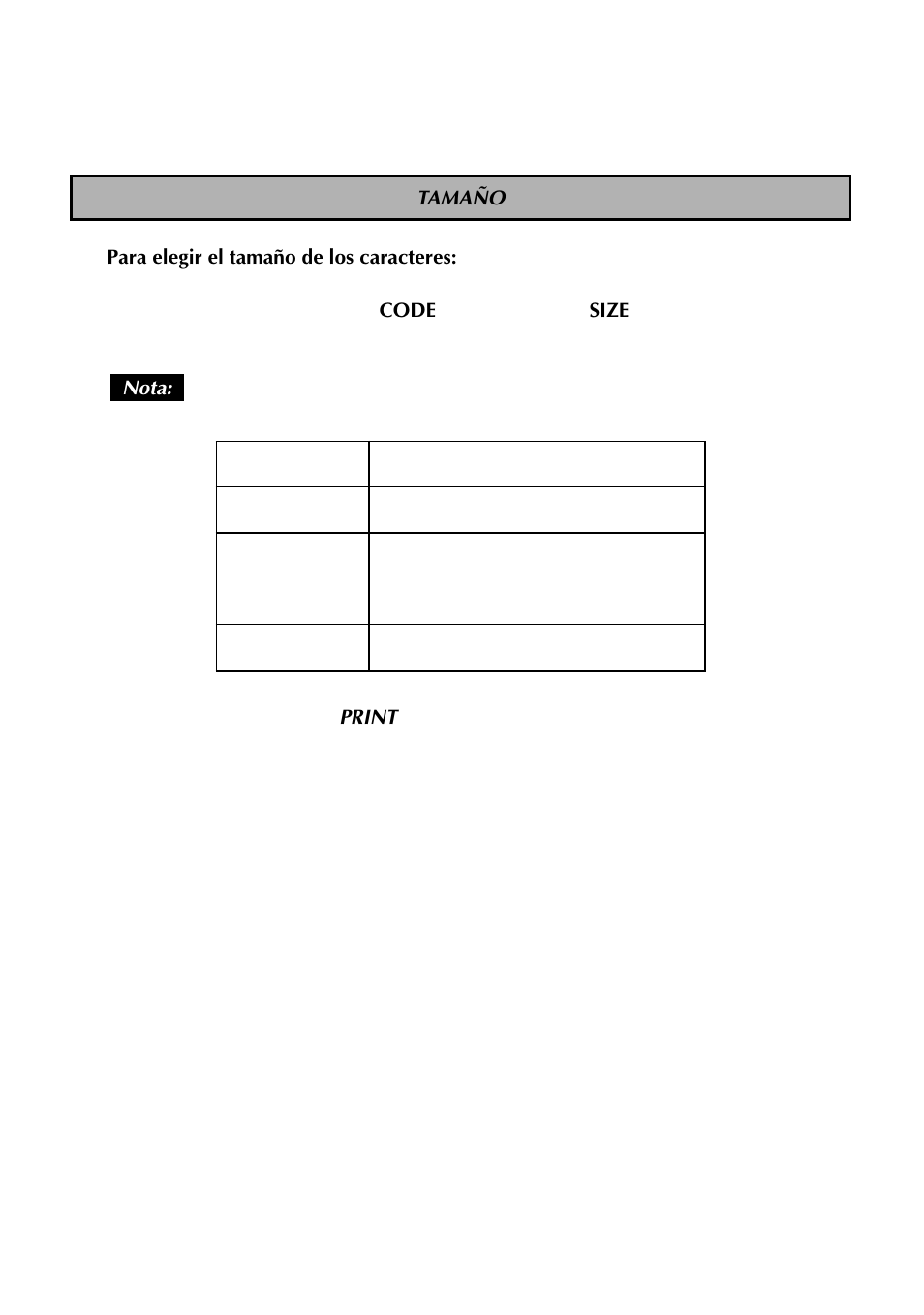 Tamaño | Brother TZTAPE PT-300 User Manual | Page 68 / 82