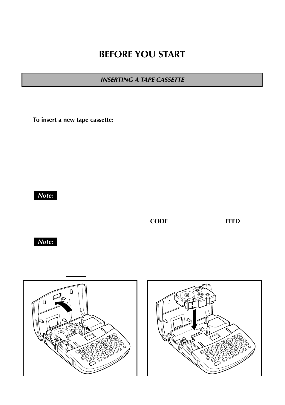 Before you start, Inserting a tape cassette | Brother TZTAPE PT-300 User Manual | Page 8 / 82