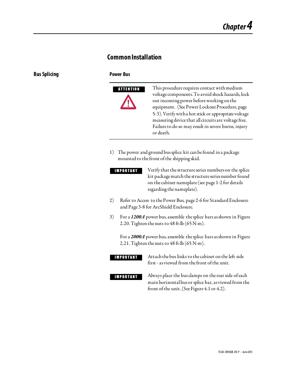 Chapter 4 - common installation_june2013, Chapter, Common installation | Rockwell Automation 1512A MV Controllers - 800A One-High Cabinet User Manual | Page 40 / 105