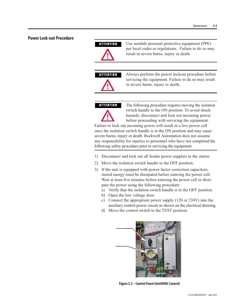 Power lock-out procedure | Rockwell Automation 1512A MV Controllers - 800A One-High Cabinet User Manual | Page 51 / 105