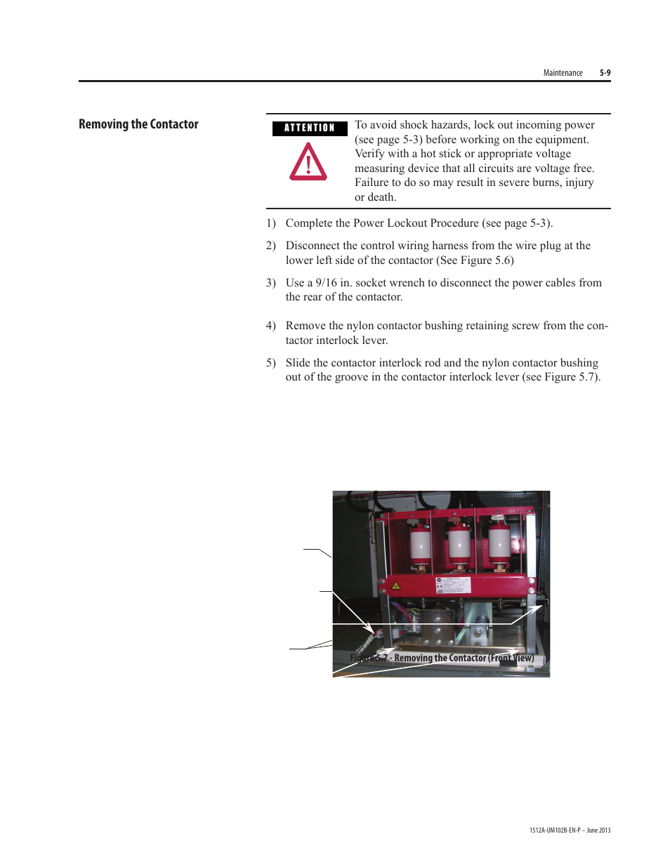 Removing the contactor | Rockwell Automation 1512A MV Controllers - 800A One-High Cabinet User Manual | Page 57 / 105