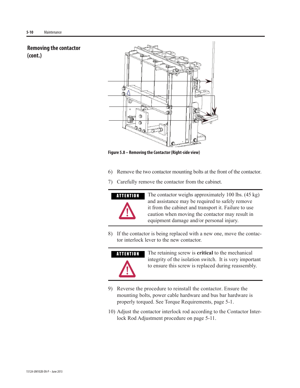 Removing the contactor (cont.) | Rockwell Automation 1512A MV Controllers - 800A One-High Cabinet User Manual | Page 58 / 105