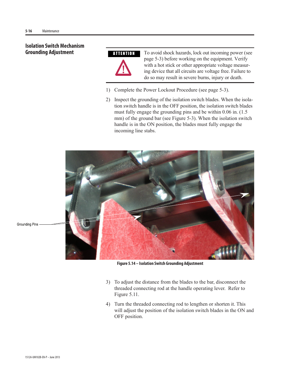 Isolation switch mechanism grounding adjustment | Rockwell Automation 1512A MV Controllers - 800A One-High Cabinet User Manual | Page 64 / 105