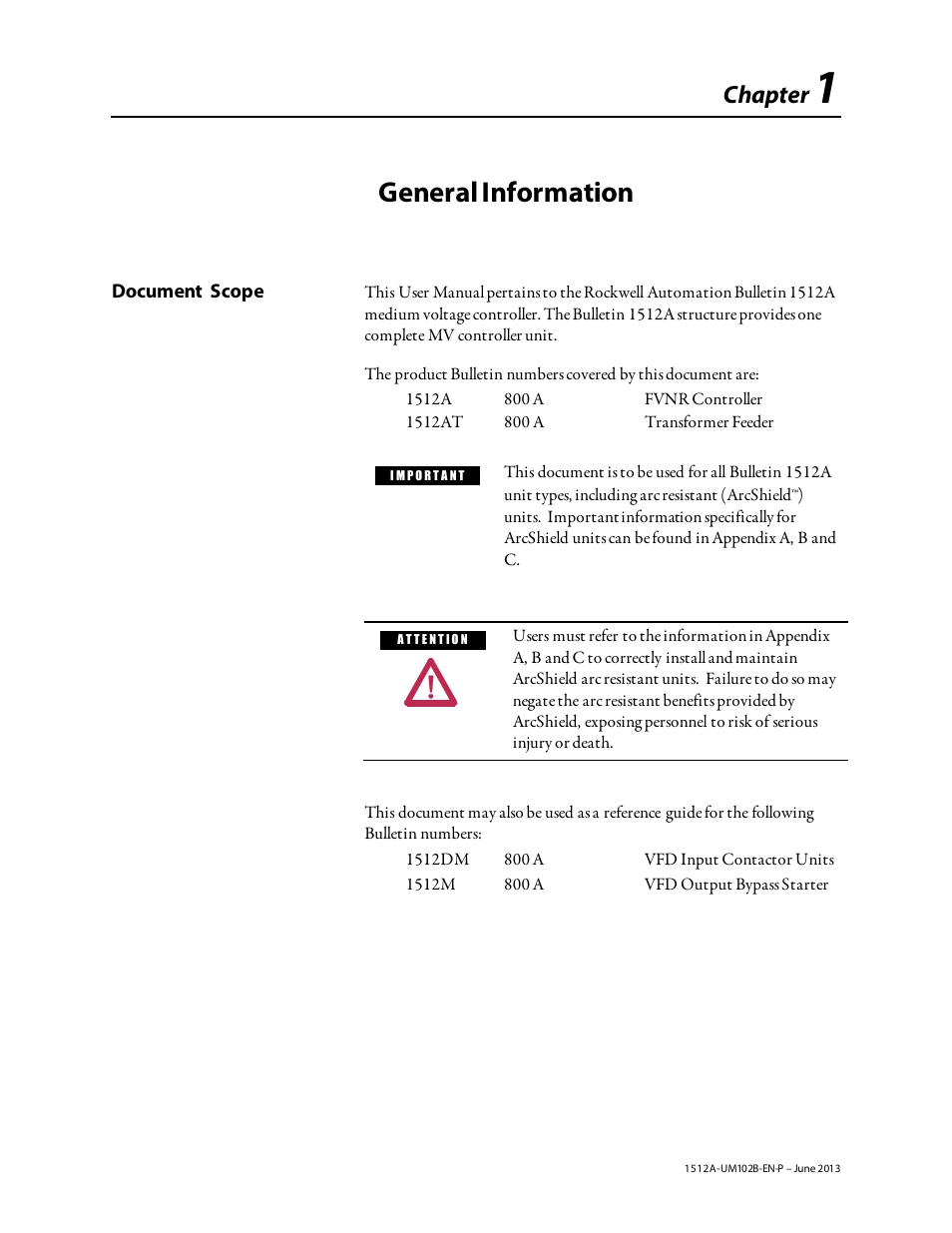 Chapter 1_june2013, General information, Chapter | Rockwell Automation 1512A MV Controllers - 800A One-High Cabinet User Manual | Page 7 / 105