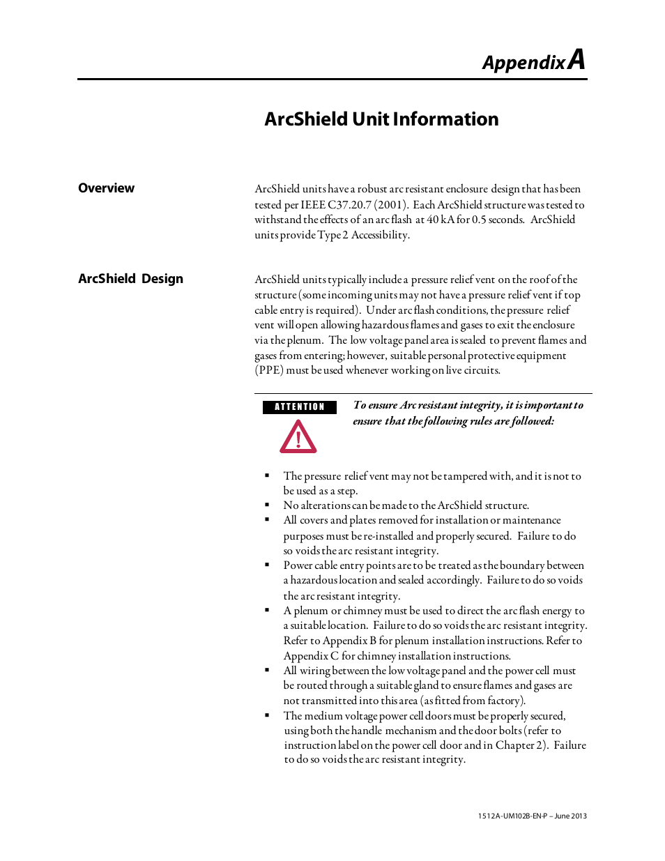 Appendix a_june2013, Appendix, Arcshield unit information | Rockwell Automation 1512A MV Controllers - 800A One-High Cabinet User Manual | Page 75 / 105