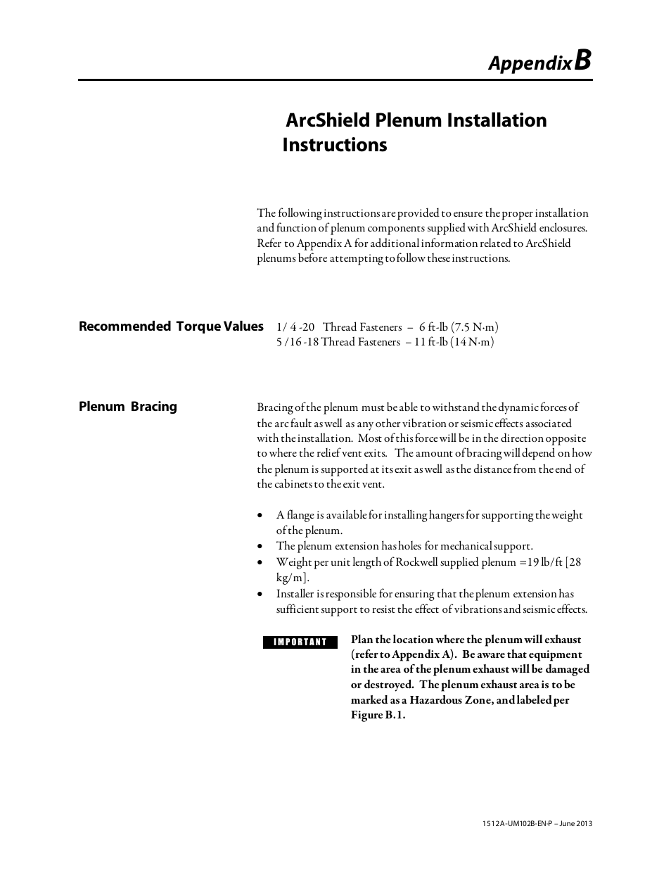 Appendix b_june2013, Appendix, Arcshield plenum installation instructions | Rockwell Automation 1512A MV Controllers - 800A One-High Cabinet User Manual | Page 83 / 105