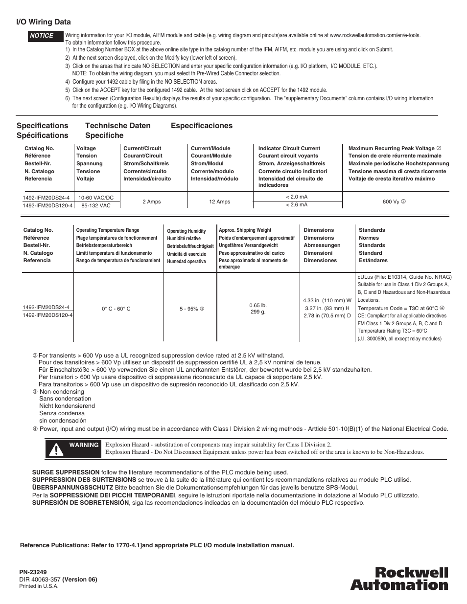 Specifications spécifications, Technische daten specifiche especificaciones, I/o wiring data | Rockwell Automation 1492-IFM20DS24-4_IFM20DS120-4 8 Point Isolated Interface Modules with 8 Point LEDs & Extra Terminals User Manual | Page 4 / 4