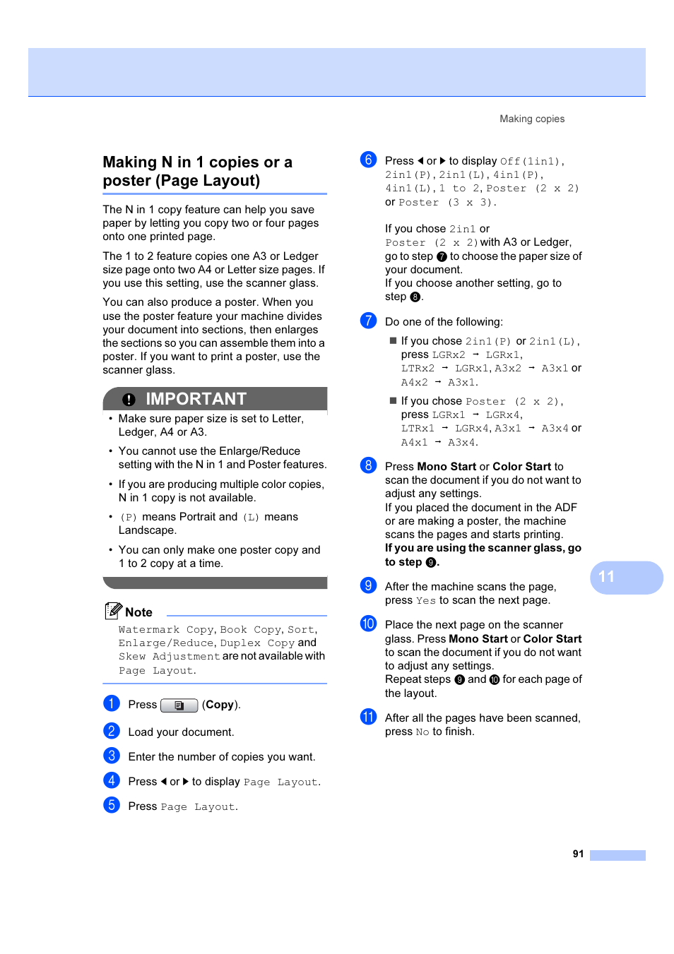Important, 11 making n in 1 copies or a poster (page layout) | Brother MFC 6890CDW User Manual | Page 100 / 227