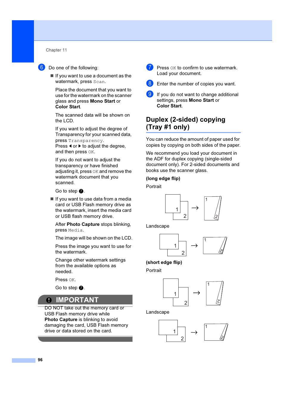 Duplex (2-sided) copying (tray #1 only), Important | Brother MFC 6890CDW User Manual | Page 105 / 227