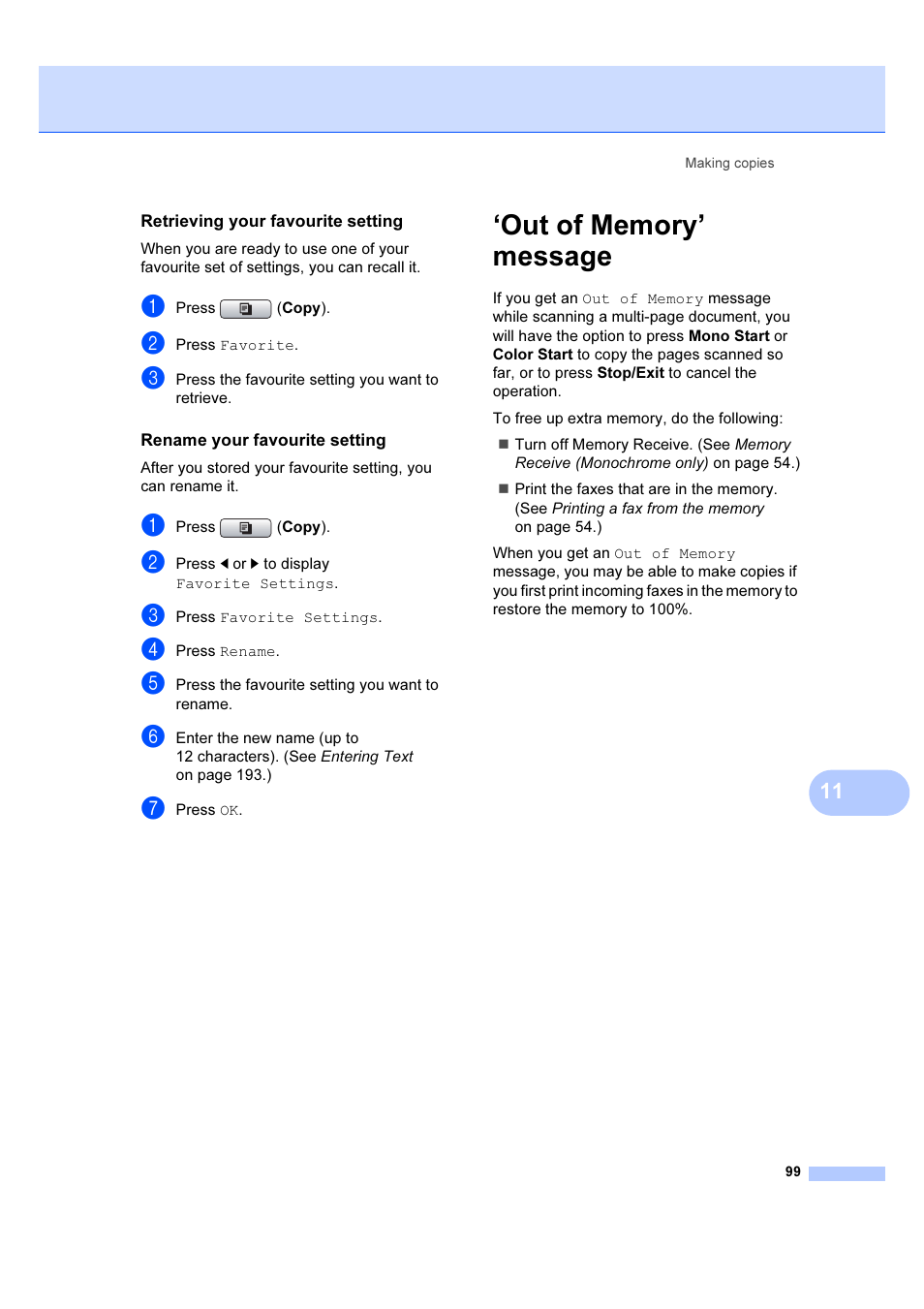 Retrieving your favourite setting, Rename your favourite setting, Out of memory’ message | Brother MFC 6890CDW User Manual | Page 108 / 227