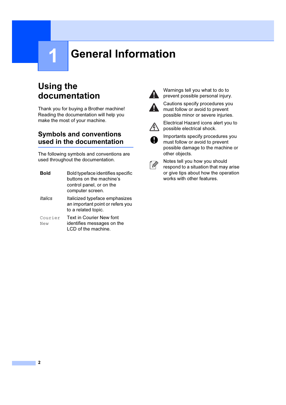 1 general information, Using the documentation, General information | Symbols and conventions used in the documentation | Brother MFC 6890CDW User Manual | Page 11 / 227