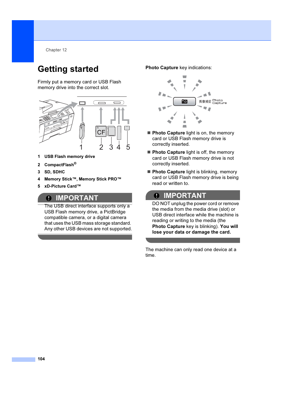 Getting started, Important | Brother MFC 6890CDW User Manual | Page 113 / 227