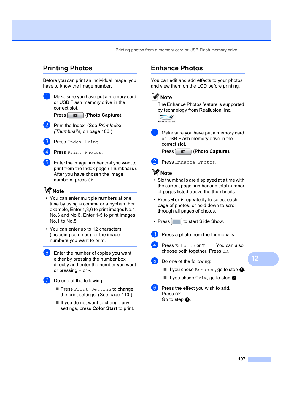 Printing photos enhance photos, 12 printing photos, Enhance photos | Brother MFC 6890CDW User Manual | Page 116 / 227