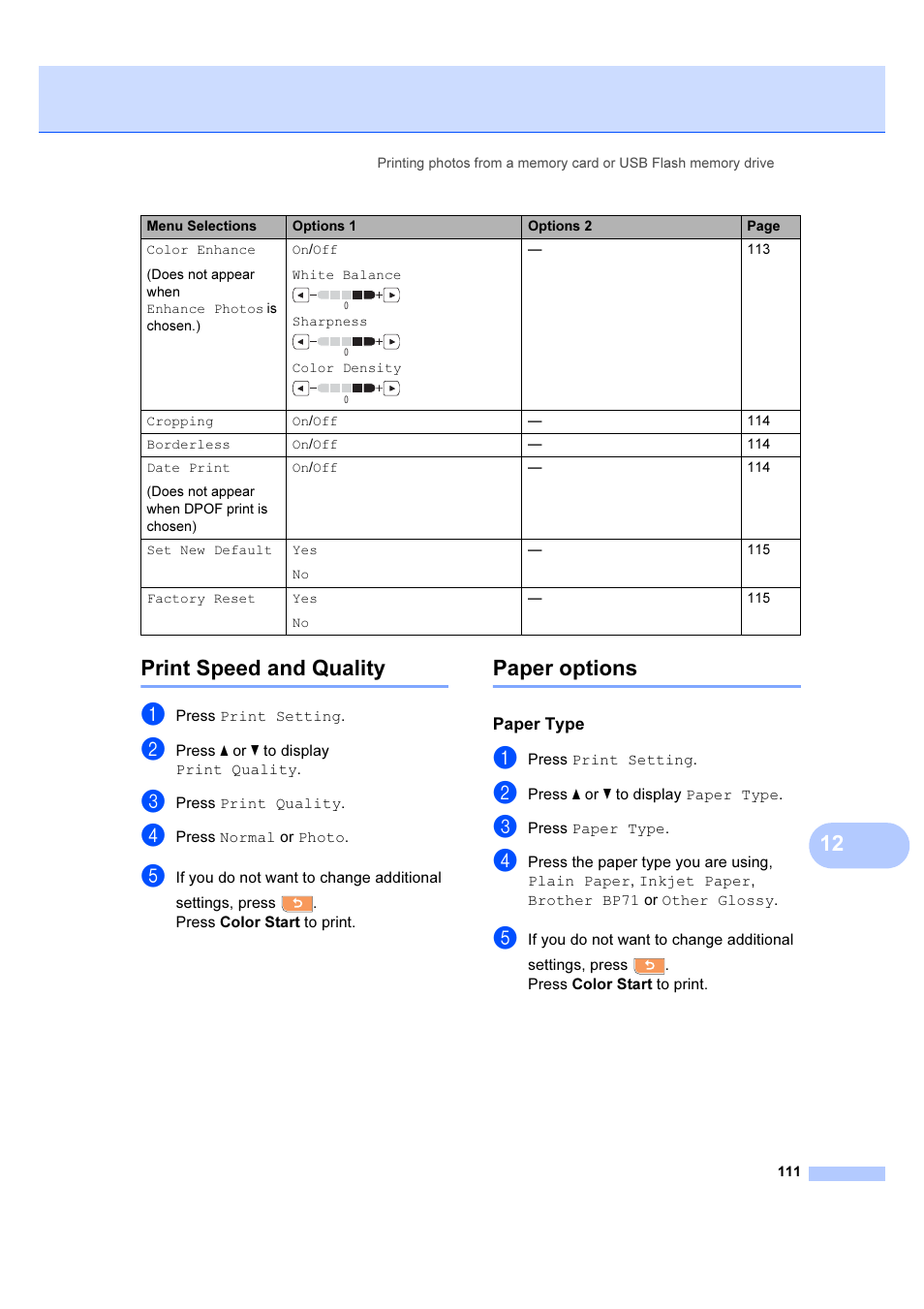Paper type, Print speed and quality paper options, 12 print speed and quality | Paper options | Brother MFC 6890CDW User Manual | Page 120 / 227
