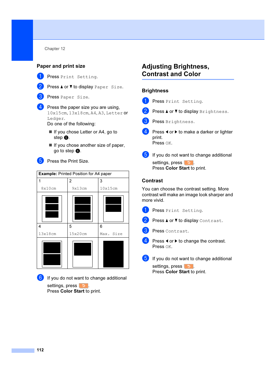 Paper and print size, Brightness, Contrast | Adjusting brightness, contrast and color | Brother MFC 6890CDW User Manual | Page 121 / 227