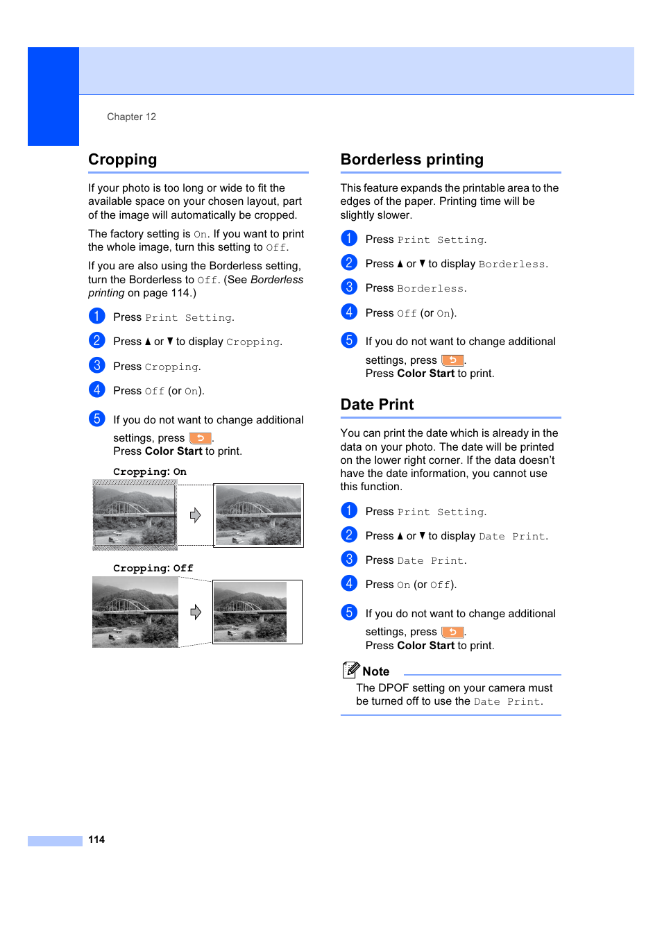 Cropping borderless printing date print, Cropping, Borderless printing | Date print | Brother MFC 6890CDW User Manual | Page 123 / 227