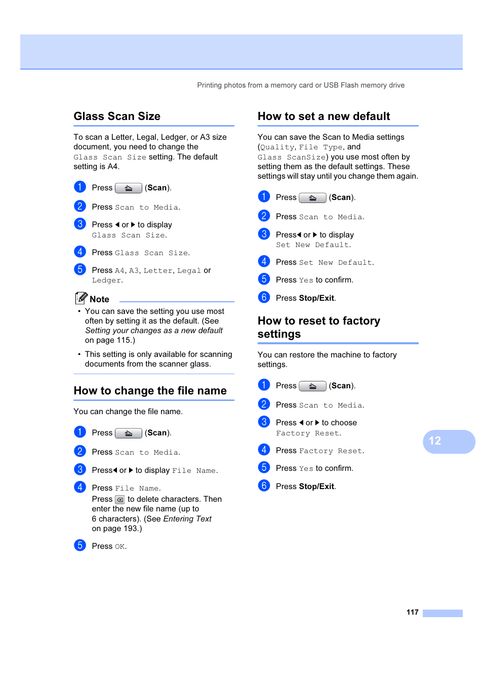 12 glass scan size, How to change the file name, How to set a new default | How to reset to factory settings | Brother MFC 6890CDW User Manual | Page 126 / 227