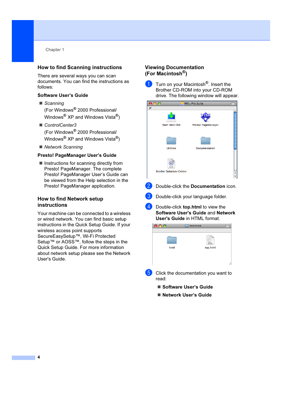 How to find scanning instructions, How to find network setup instructions, Viewing documentation (for macintosh®) | Brother MFC 6890CDW User Manual | Page 13 / 227