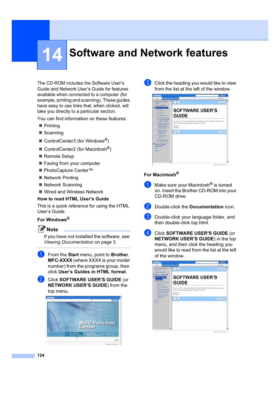 14 software and network features, Software and network features | Brother MFC 6890CDW User Manual | Page 133 / 227
