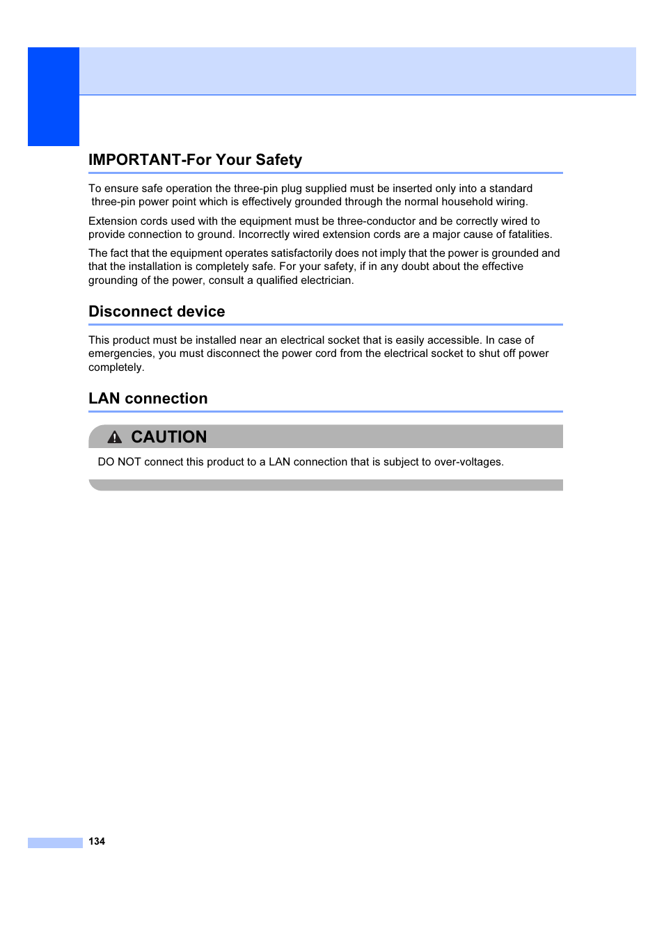 Important-for your safety lan connection, Caution, Important-for your safety | Disconnect device, Lan connection | Brother MFC 6890CDW User Manual | Page 143 / 227