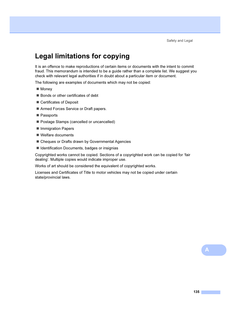 Legal limitations for copying | Brother MFC 6890CDW User Manual | Page 144 / 227