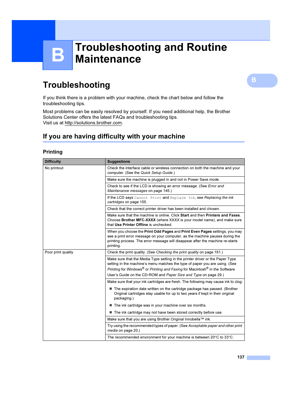 B troubleshooting and routine maintenance, Troubleshooting, Troubleshooting and routine maintenance | If you are having difficulty with your machine | Brother MFC 6890CDW User Manual | Page 146 / 227