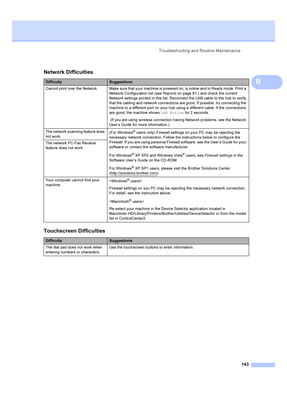 Network difficulties, Touchscreen difficulties | Brother MFC 6890CDW User Manual | Page 152 / 227