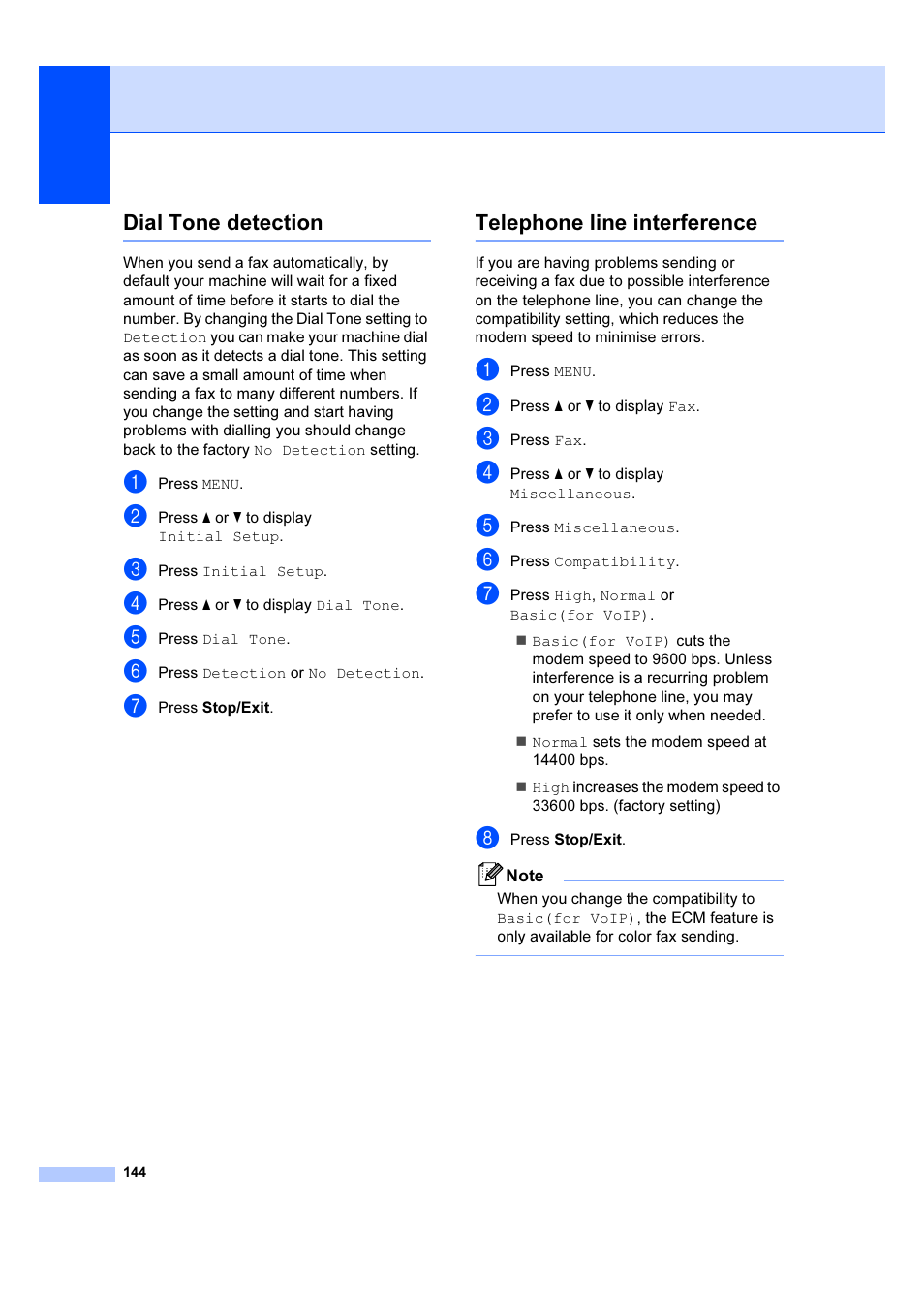 Dial tone detection telephone line interference, Dial tone detection, Telephone line interference | Brother MFC 6890CDW User Manual | Page 153 / 227