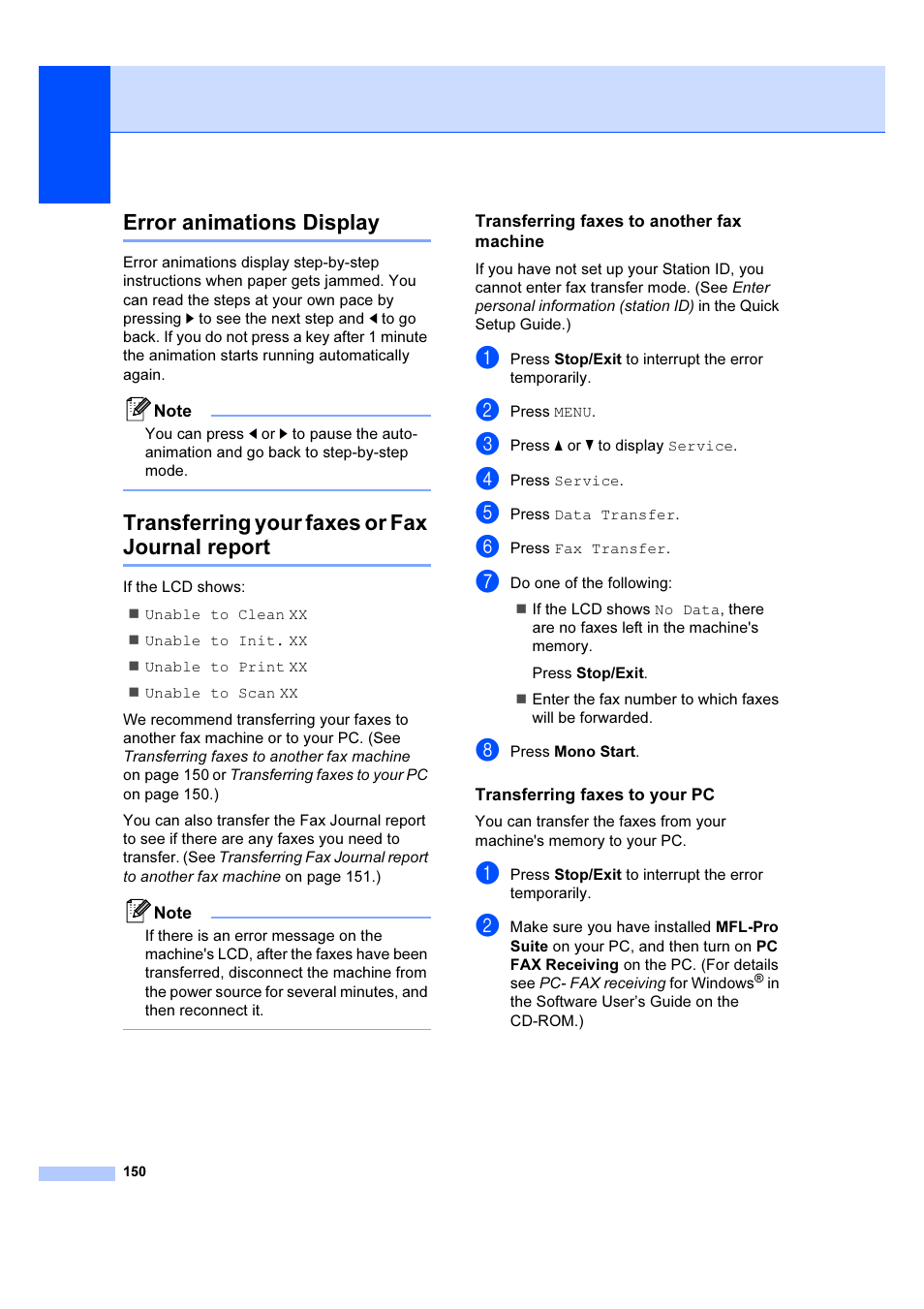 Transferring faxes to another fax machine, Transferring faxes to your pc, Error animations display | Transferring your faxes or fax journal report | Brother MFC 6890CDW User Manual | Page 159 / 227