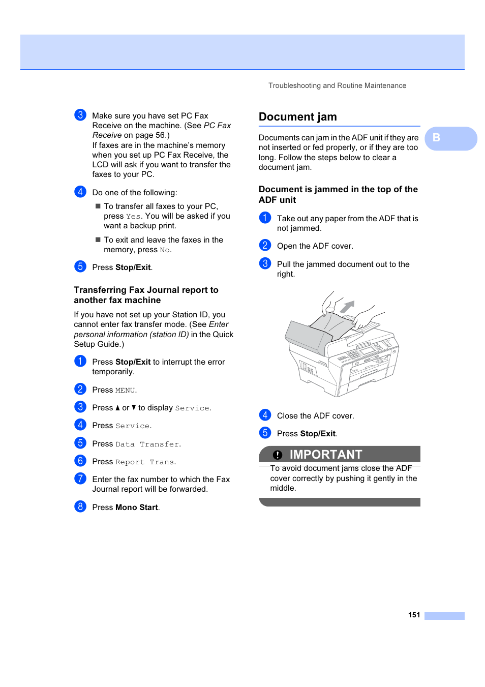 Document is jammed in the top of the adf unit, Document jam, Important | Brother MFC 6890CDW User Manual | Page 160 / 227