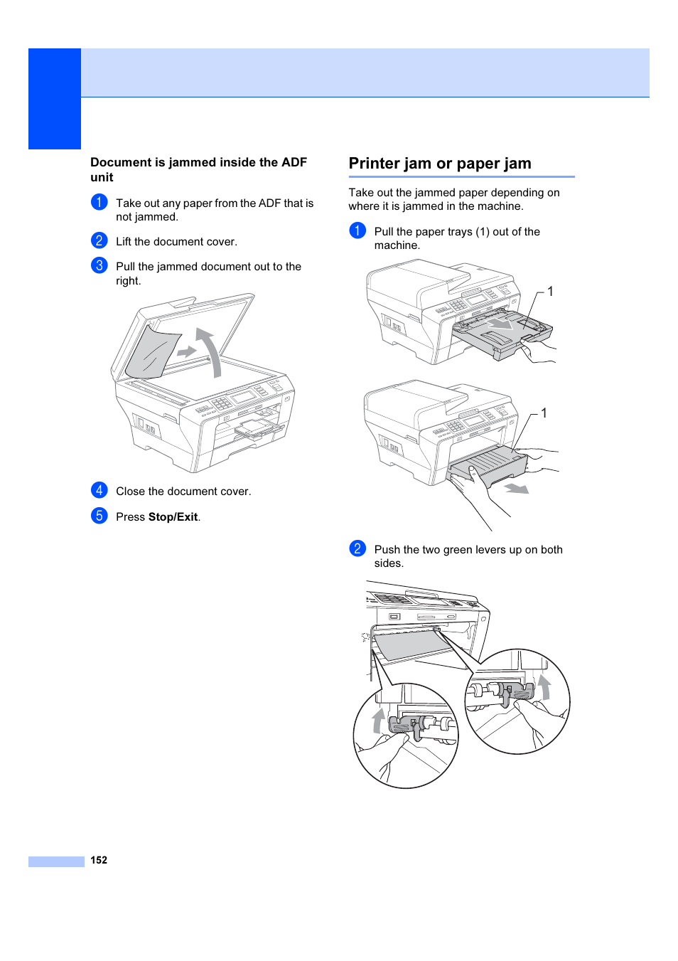 Document is jammed inside the adf unit, Printer jam or paper jam | Brother MFC 6890CDW User Manual | Page 161 / 227