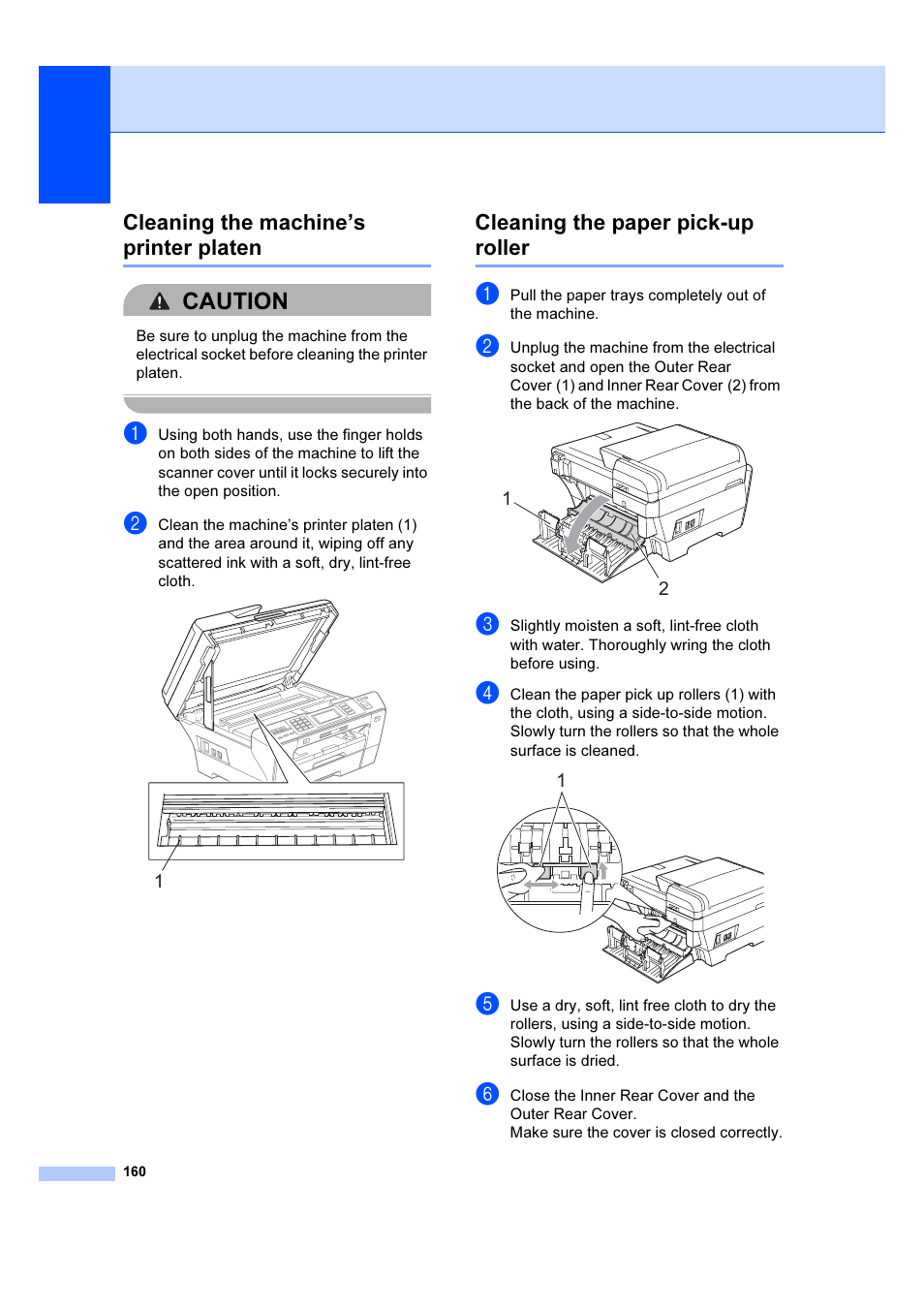 See cleaning the paper pick-up roller, Caution, Cleaning the machine’s printer platen | Cleaning the paper pick-up roller | Brother MFC 6890CDW User Manual | Page 169 / 227
