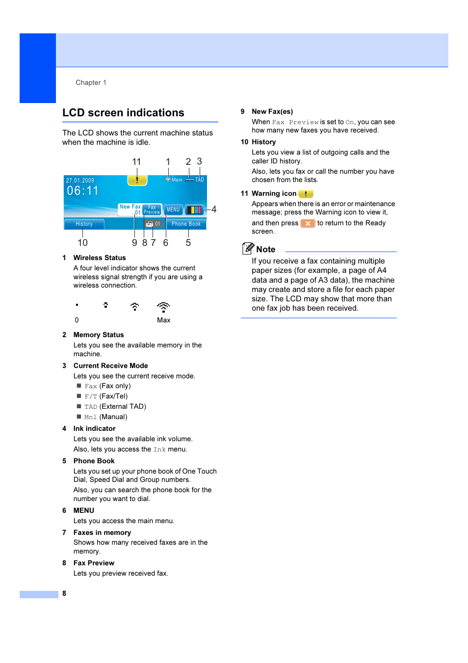 Lcd screen indications | Brother MFC 6890CDW User Manual | Page 17 / 227