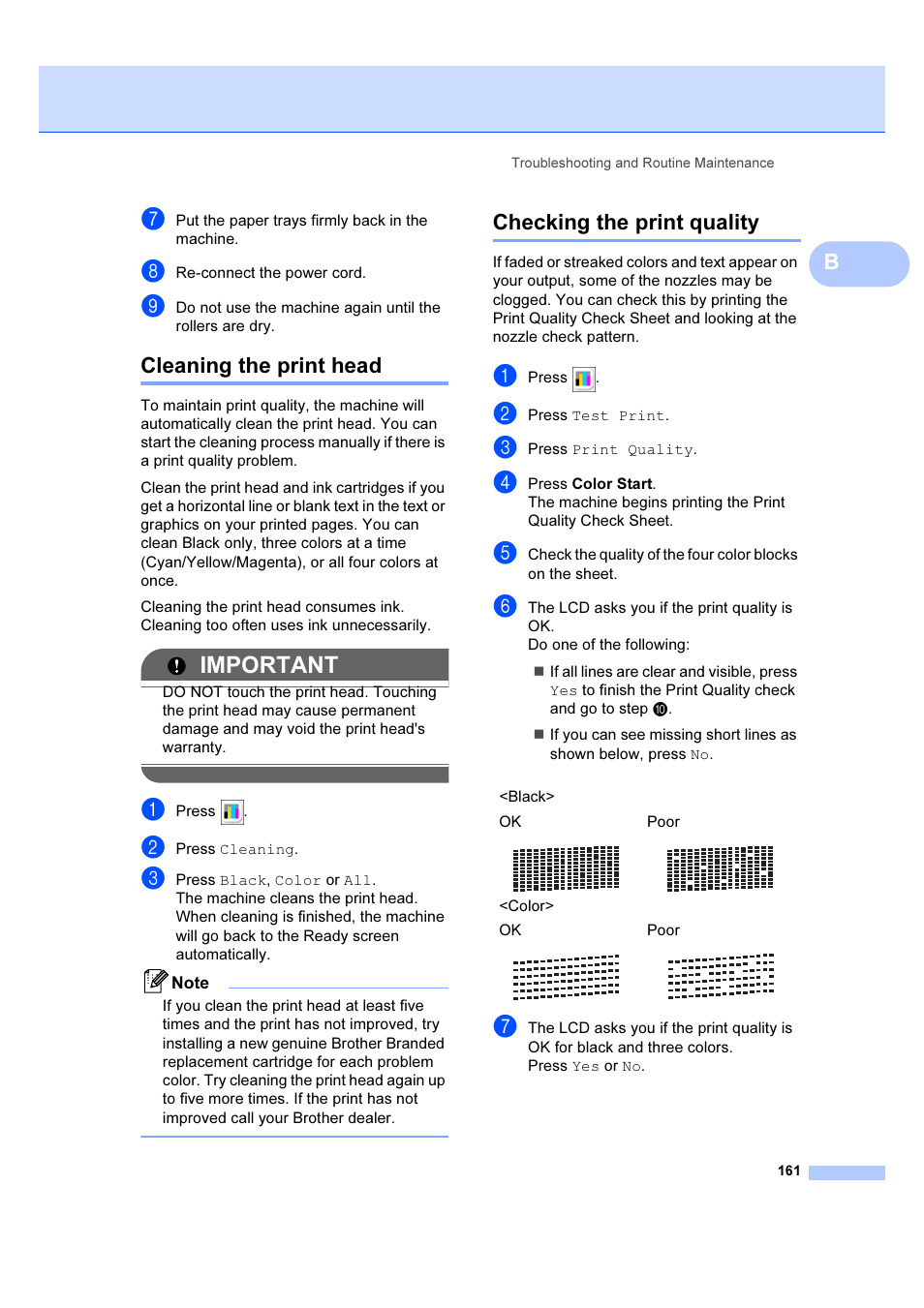 Cleaning the print head checking the print quality, Important, Cleaning the print head | Checking the print quality | Brother MFC 6890CDW User Manual | Page 170 / 227