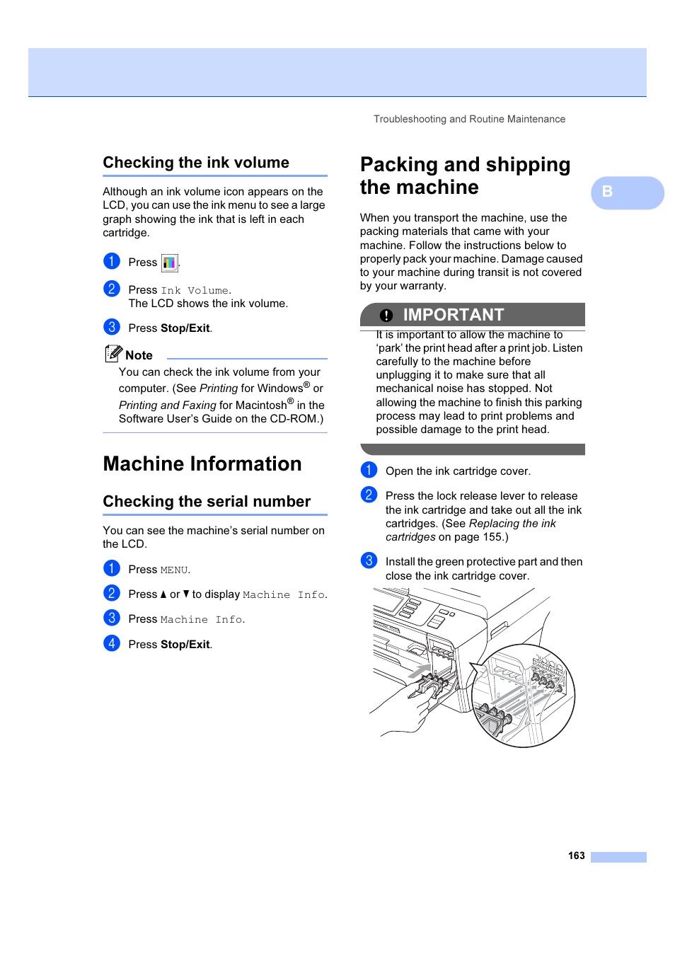Machine information, Packing and shipping the machine, Checking the ink volume | Checking the serial number, Important, Bchecking the ink volume | Brother MFC 6890CDW User Manual | Page 172 / 227