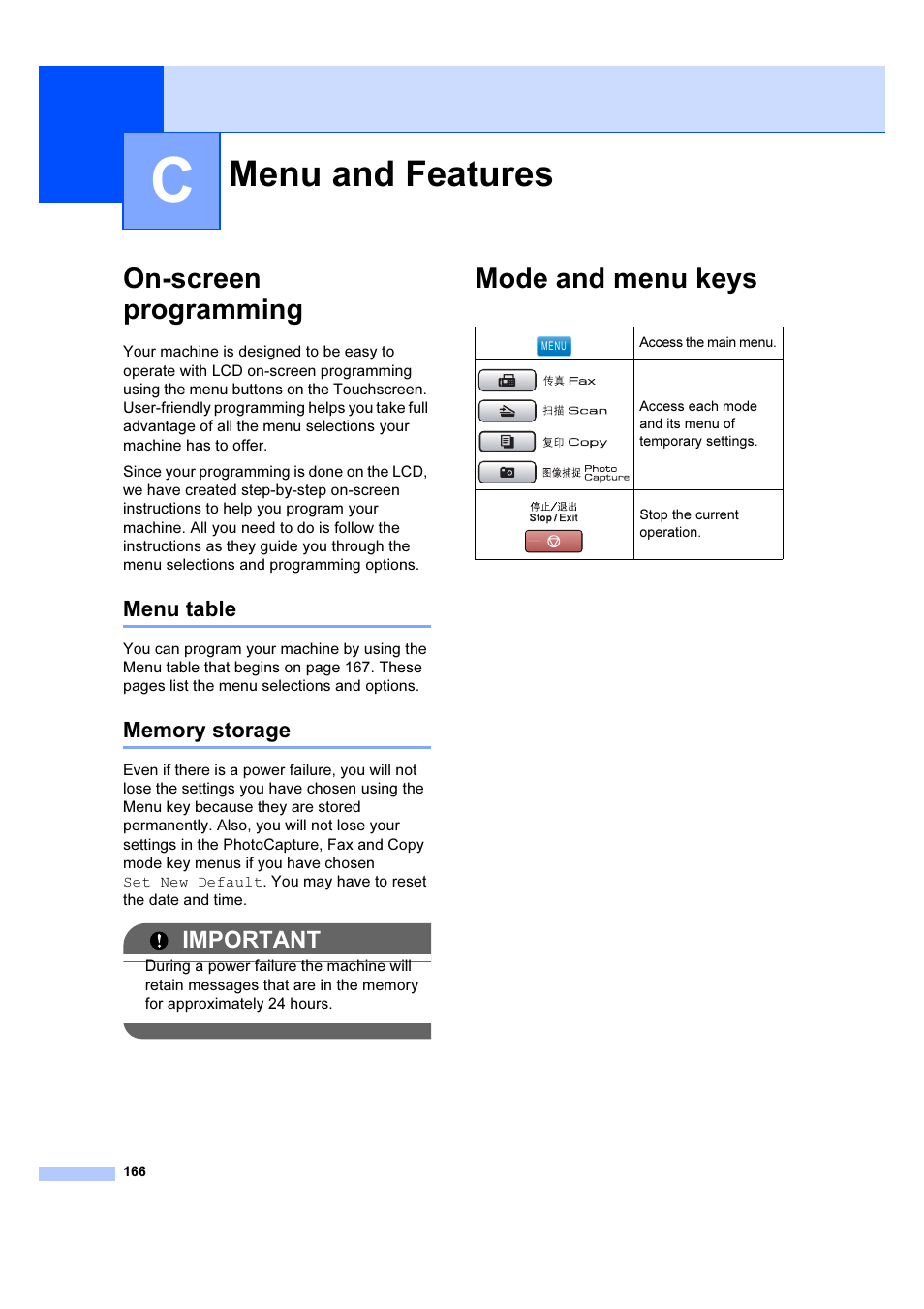 C menu and features, On-screen programming, Mode and menu keys | Menu and features, Menu table memory storage, Important, Menu table | Brother MFC 6890CDW User Manual | Page 175 / 227