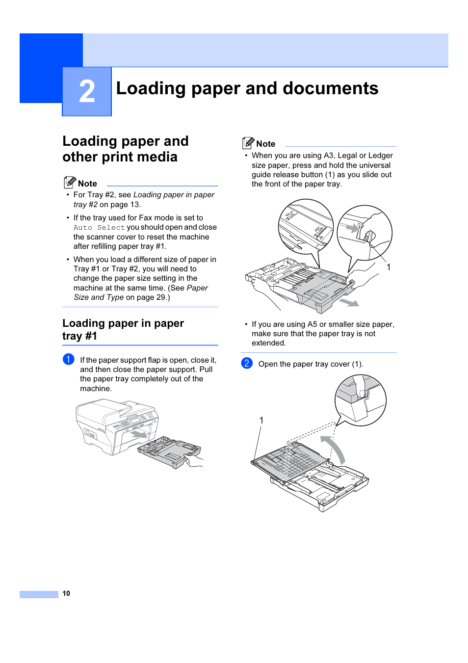 2 loading paper and documents, Loading paper and other print media, Loading paper and documents | Loading paper in paper tray #1 | Brother MFC 6890CDW User Manual | Page 19 / 227