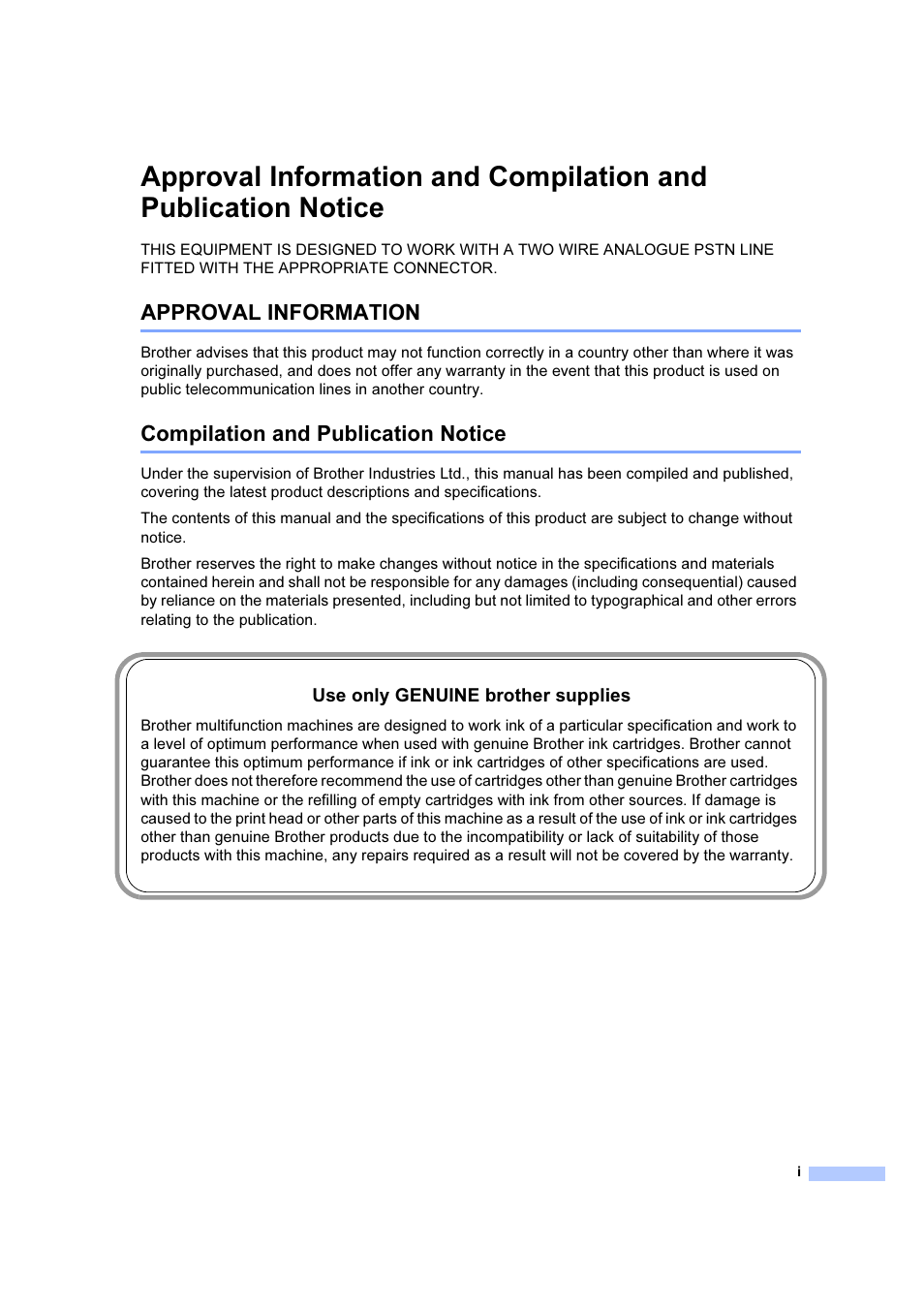 Approval information, Compilation and publication notice | Brother MFC 6890CDW User Manual | Page 2 / 227