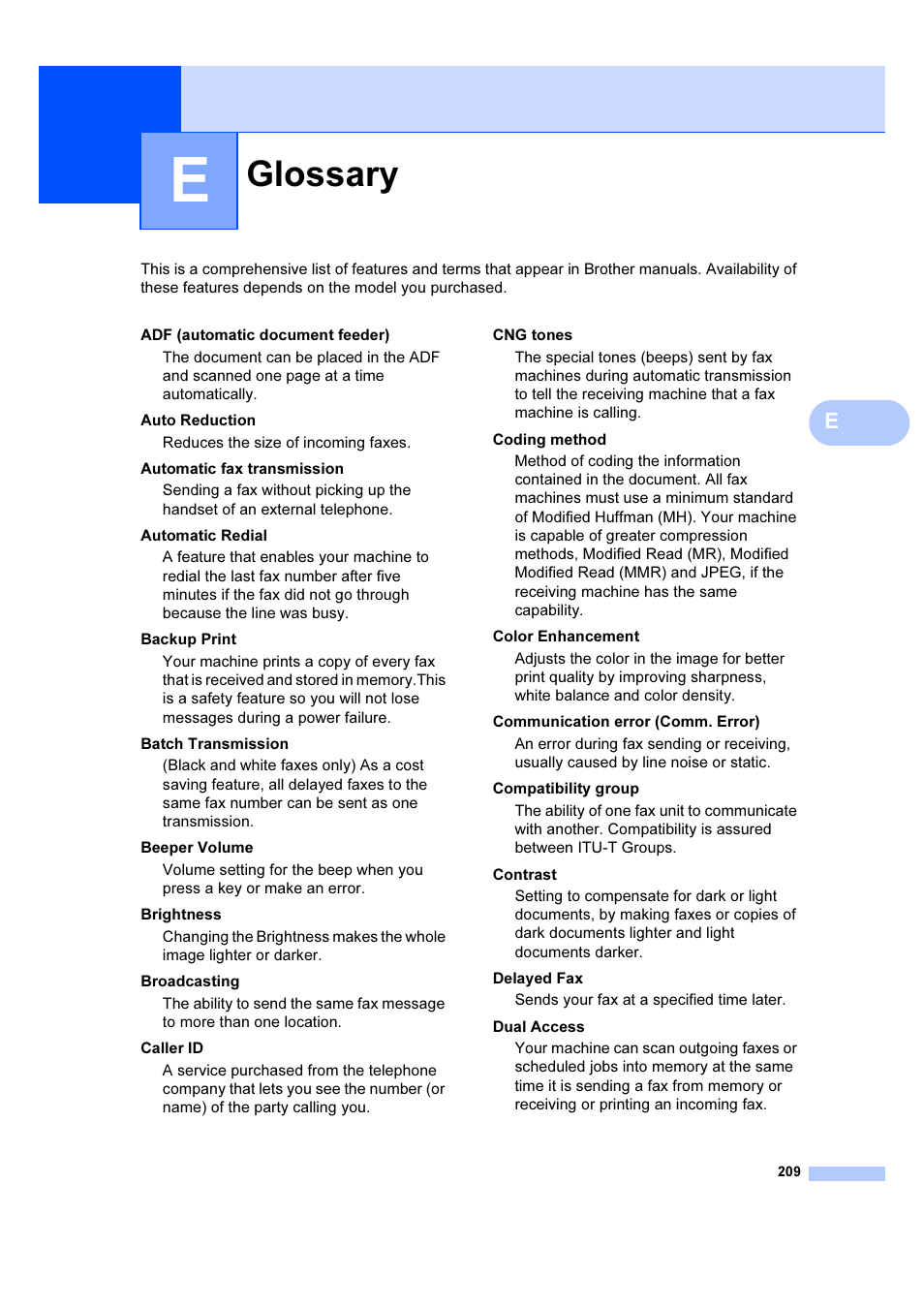 E glossary, Glossary | Brother MFC 6890CDW User Manual | Page 218 / 227