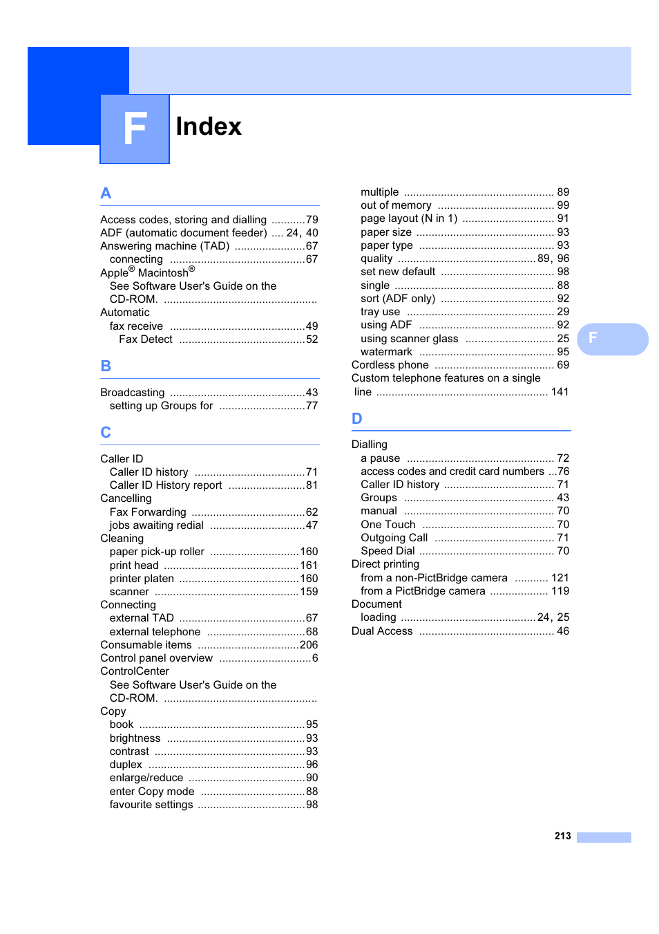 Index | Brother MFC 6890CDW User Manual | Page 222 / 227