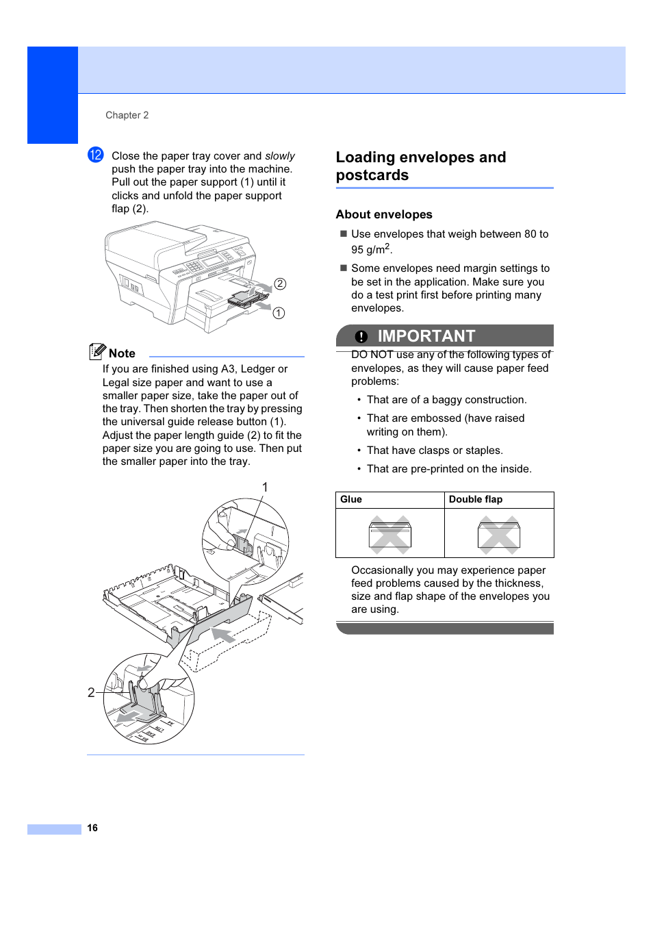 About envelopes, Loading envelopes and postcards, Important | Brother MFC 6890CDW User Manual | Page 25 / 227