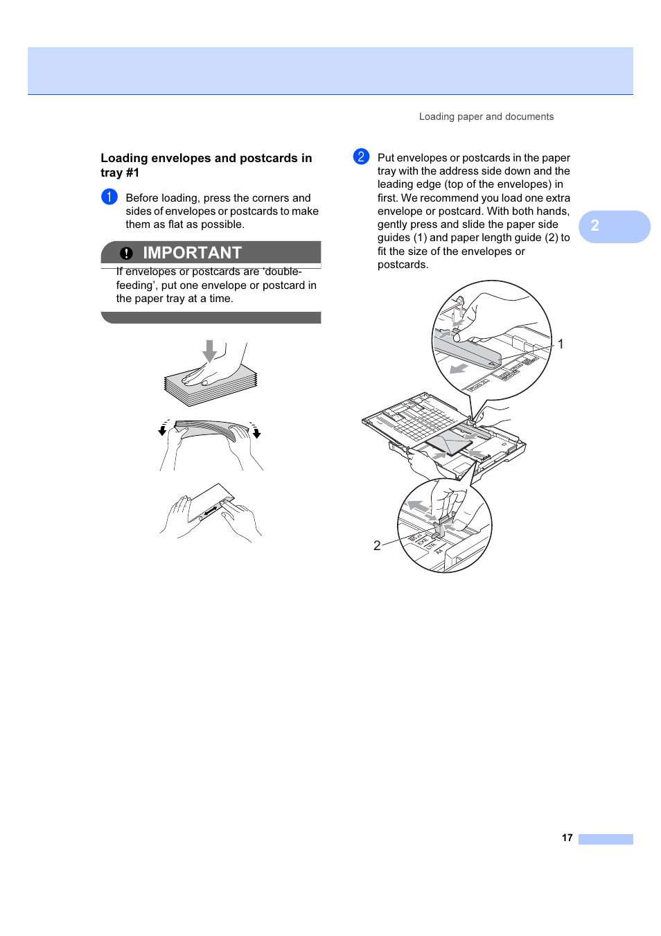 Loading envelopes and postcards in tray #1, Important | Brother MFC 6890CDW User Manual | Page 26 / 227